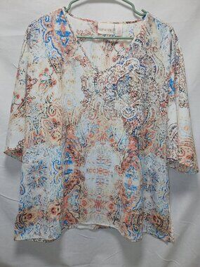 Chico’s Multicolor Abstract Print Blouse Size 2 | Lightweight Travel Knit Top